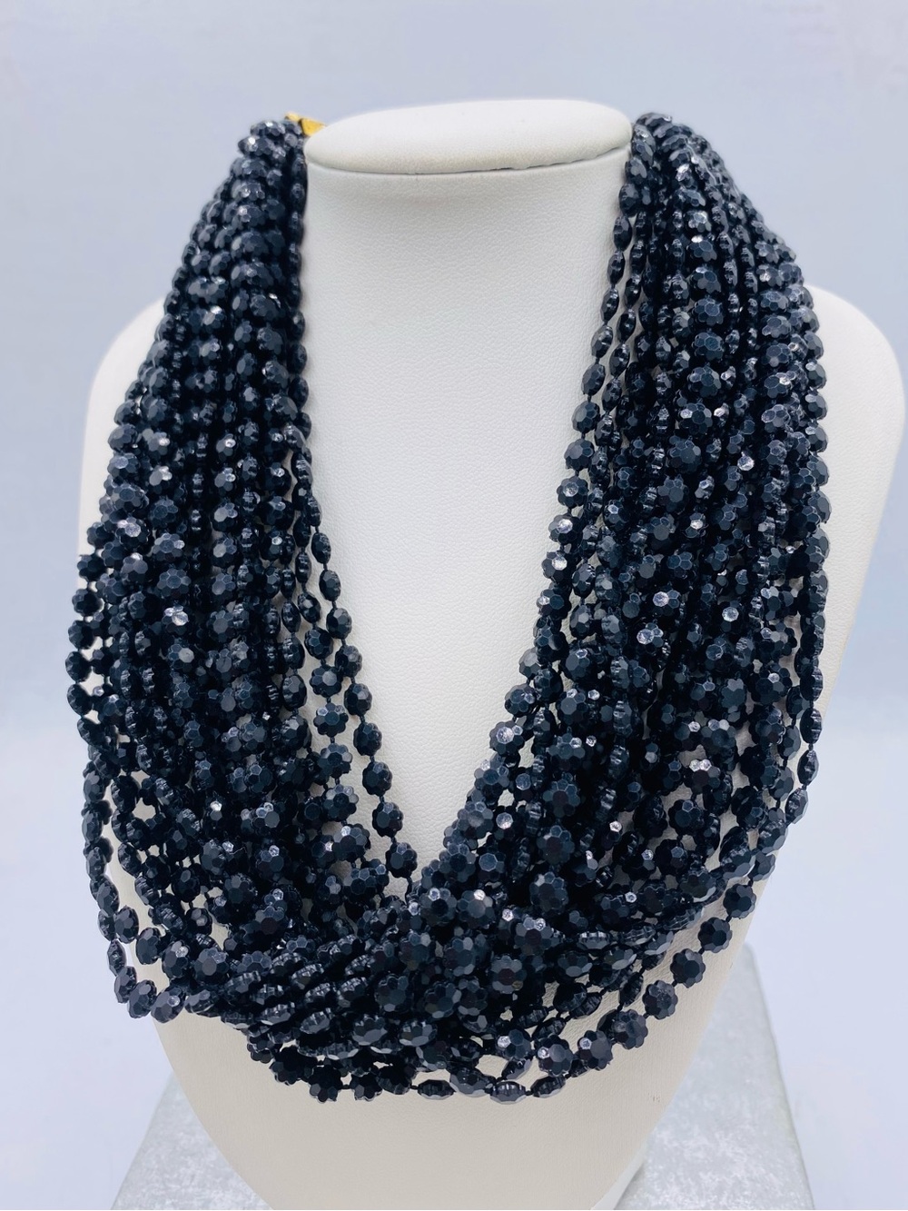 Vintage Black Multi-Strand Faceted Bead Necklace/Choker GoldTone Clasp